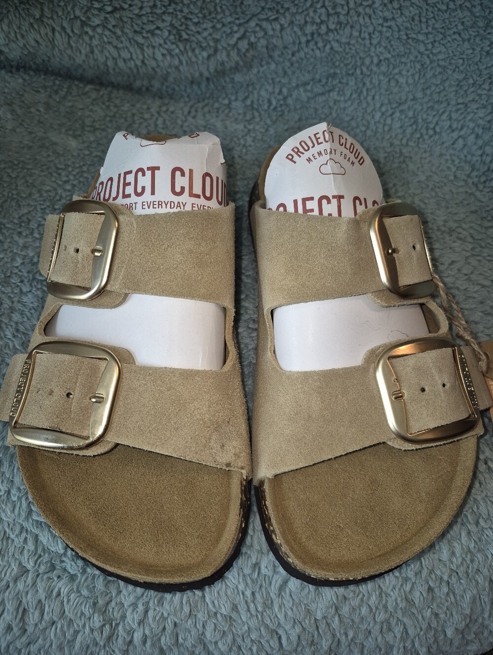 Womens Suede Double Buckle Sandals in Tan